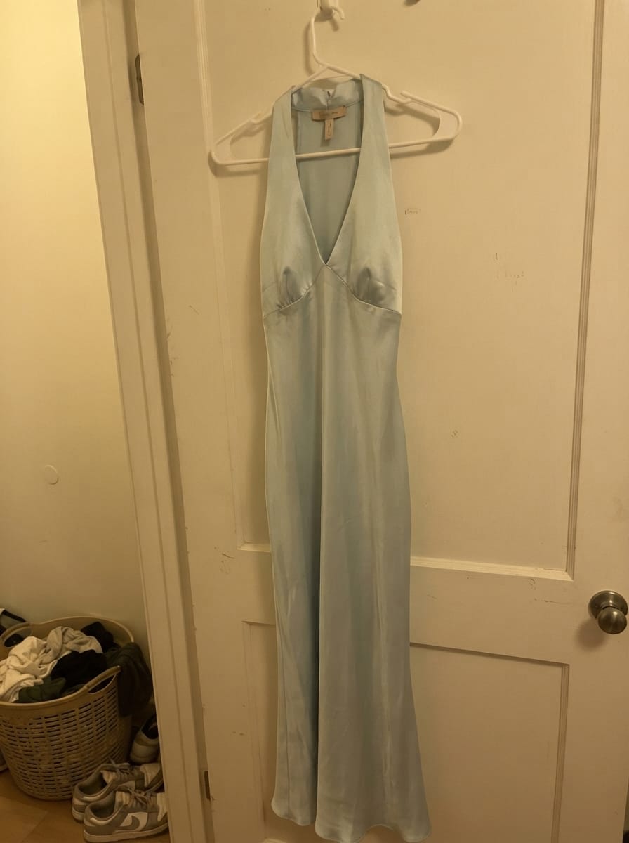 Customer photo review of Heavy Hearted Satin Maxi Dress - Ice Blue