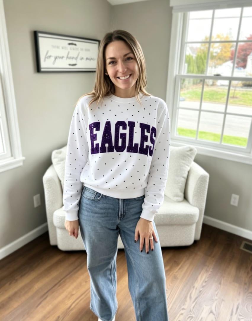 Customer photo review of Custom Sequin Name or Team Polka Dot Sweatshirt – Personalized Glitter Letters, Vintage Wash Style | Gifts for Sports Mom | Game Day Wear