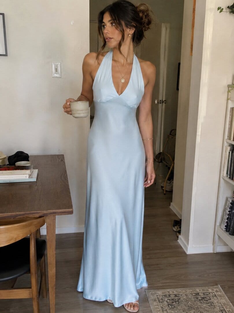 Customer photo review of Heavy Hearted Satin Maxi Dress - Ice Blue