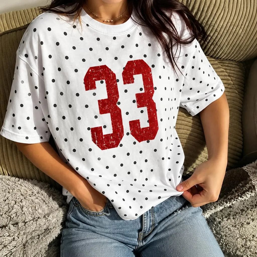 Customer photo review of Custom Vintage Varsity Number or Letter Sport Team Polka Dot T-shirt | Game Day Wear