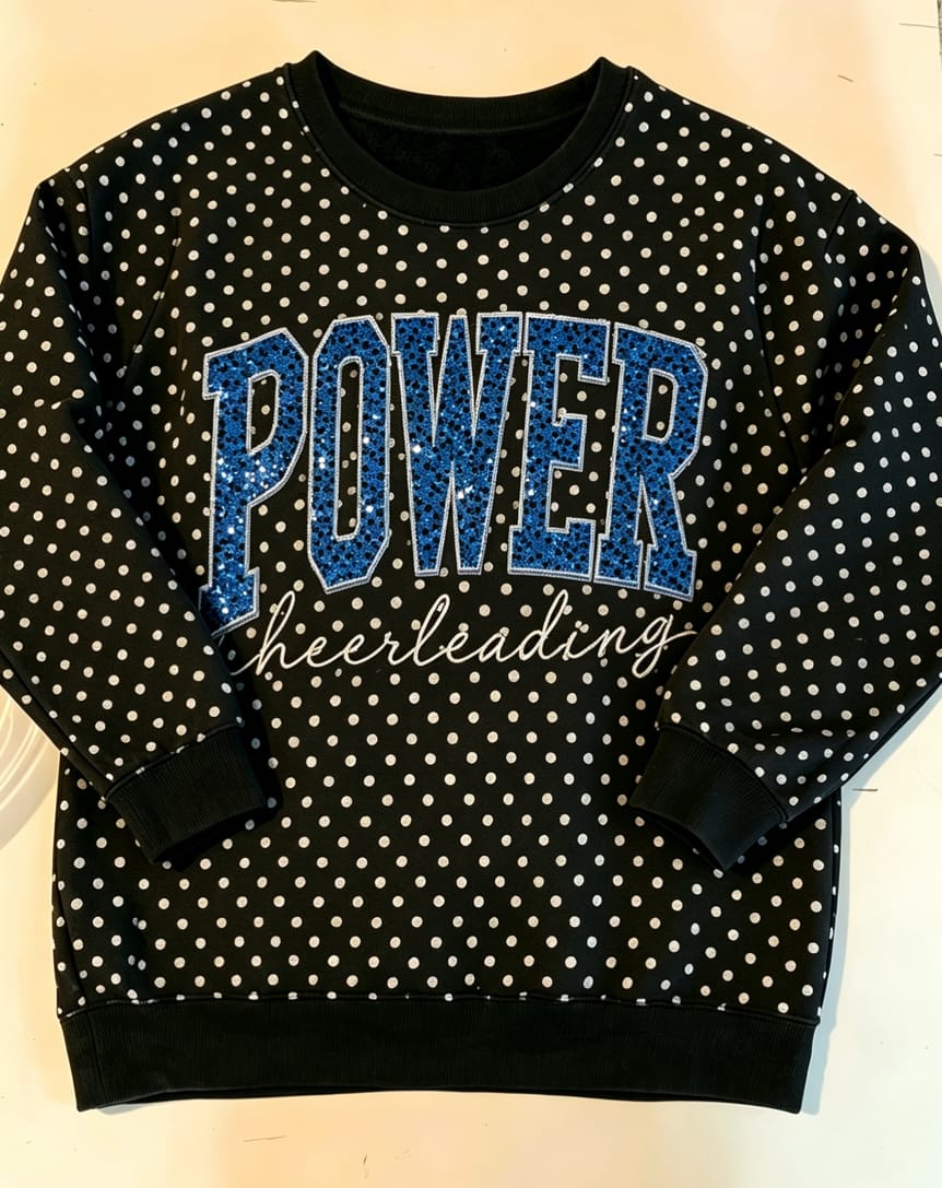 Customer photo review of Custom Sequin Name or Team Polka Dot Sweatshirt – Personalized Glitter Letters, Vintage Wash Style | Gifts for Sports Mom | Game Day Wear