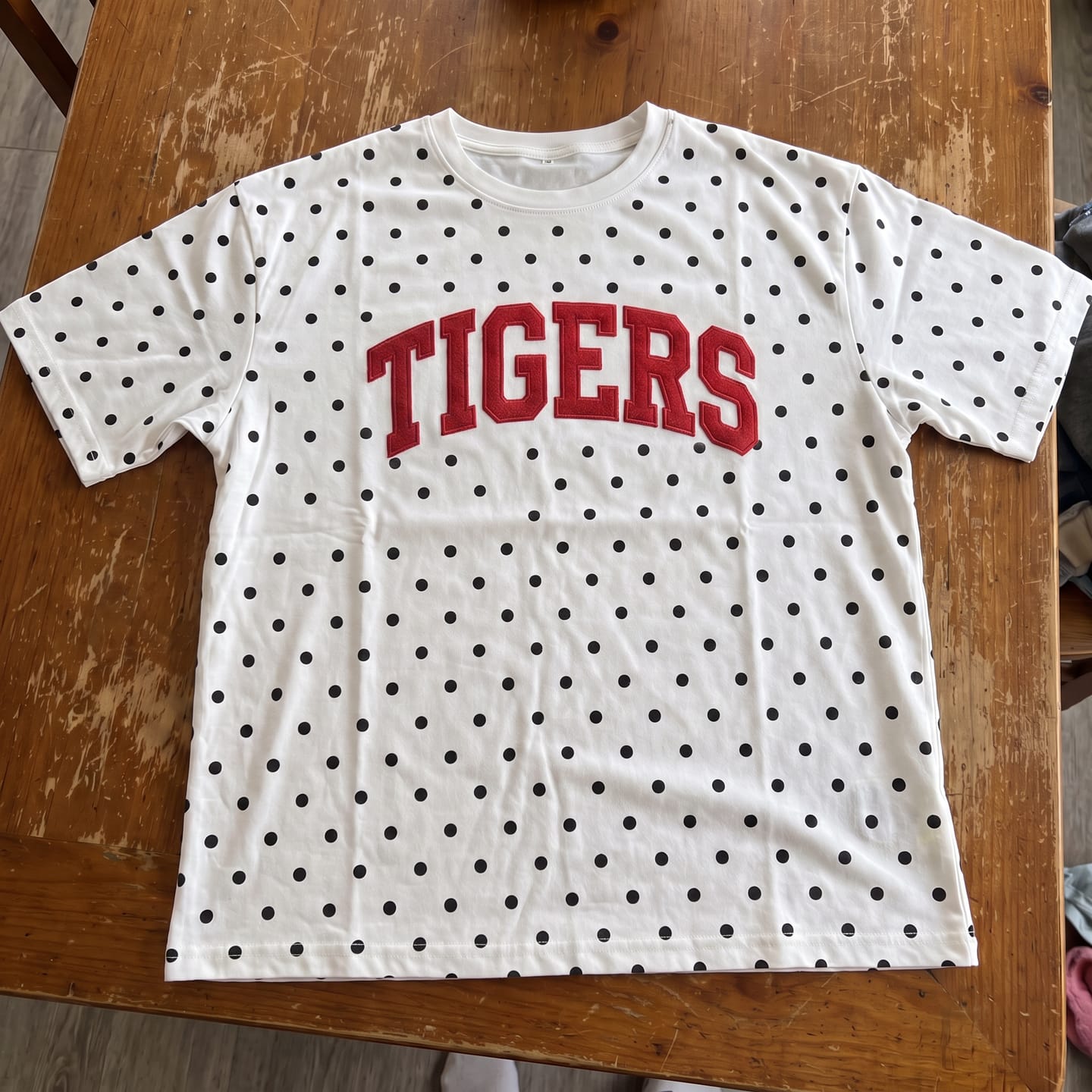 Customer photo review of Custom Team Name Polka Dot T-Shirt | Personalized Crew Neck Graphic Tee | Game Day Wear