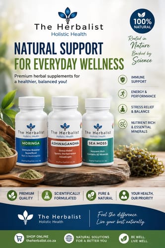 Customer's promotional flyer for The Herbalist products, showing Moringa, Ashwagandha, and Sea Moss supplements.