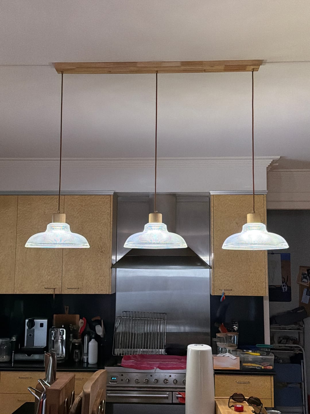 Customer photo review of Modern Linear Island Wood Accents Dome Shape Glass Pendant Light