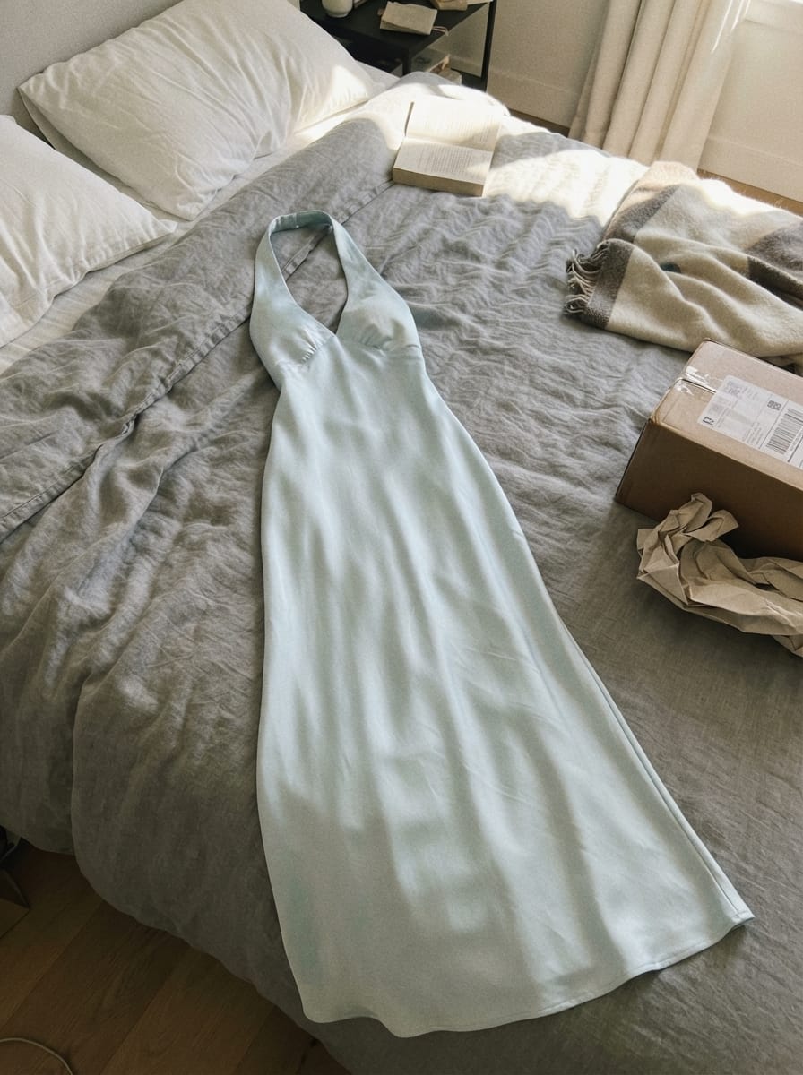 Customer photo review of Heavy Hearted Satin Maxi Dress - Ice Blue