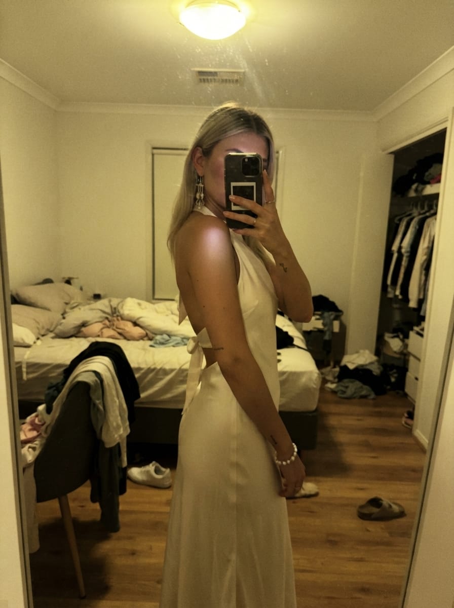 Customer photo review of Heavy Hearted Satin Maxi Dress - Pearl
