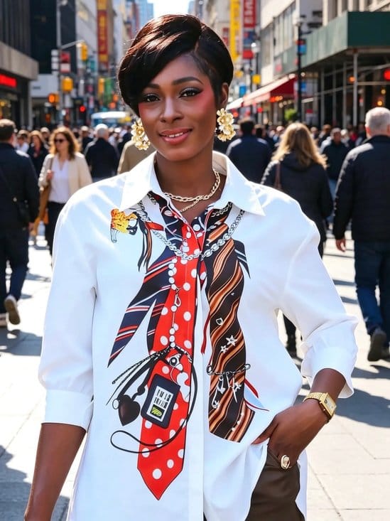 Customer photo review of Loose Three-Quarter Sleeves Buttoned Contrast Color Printed Split-Joint Lapel Blouses&Shirts Tops