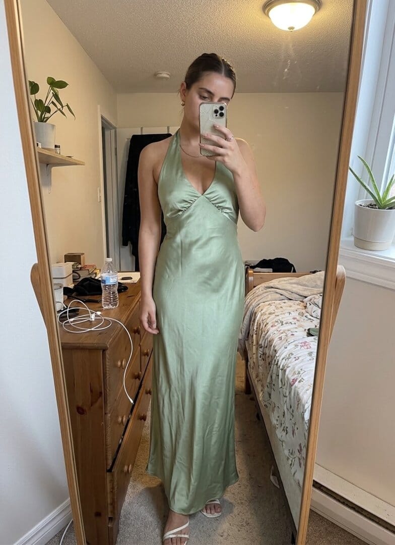 Customer photo review of Heavy Hearted Satin Maxi Dress - Sage