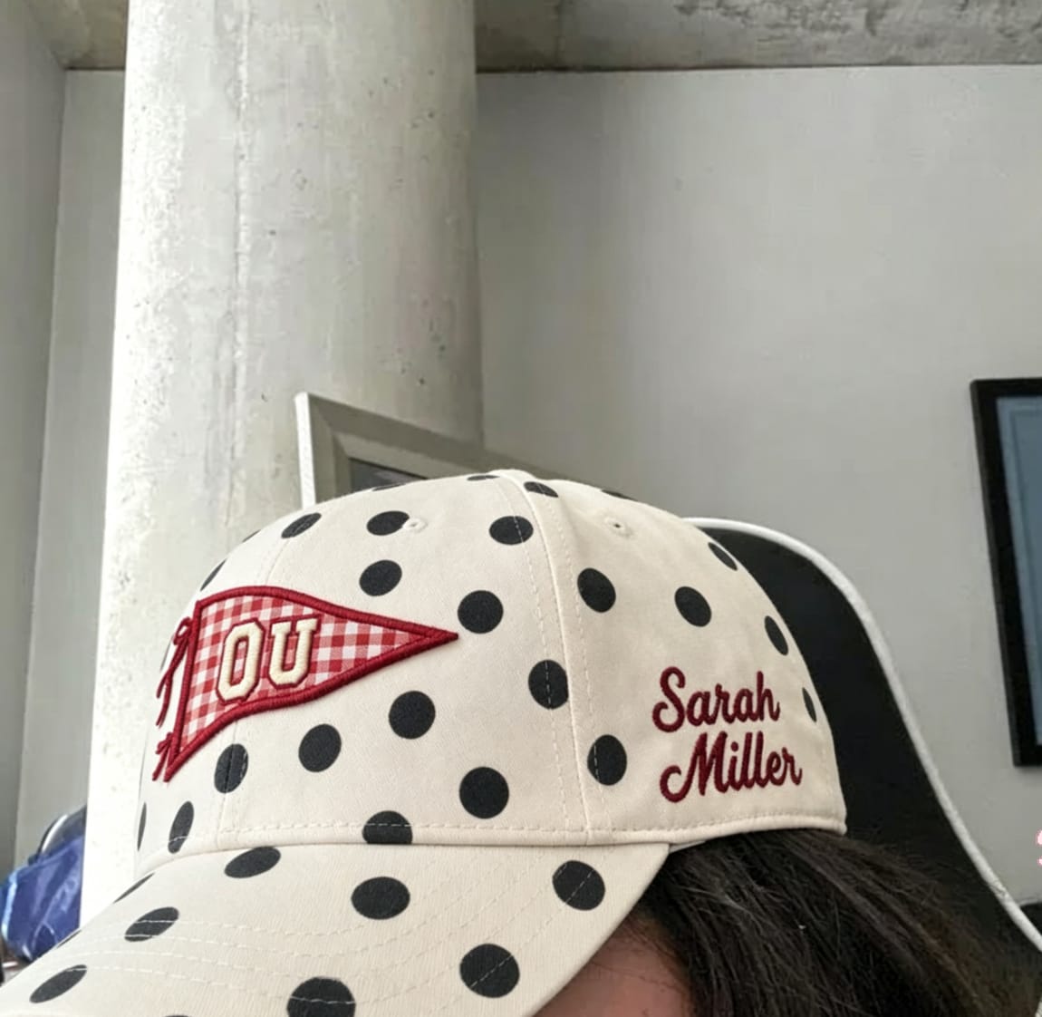 Customer photo review of Custom University Embroidered Polka Dot Pennant Hat – Applique Letter Gameday Cap | Game Day Wear