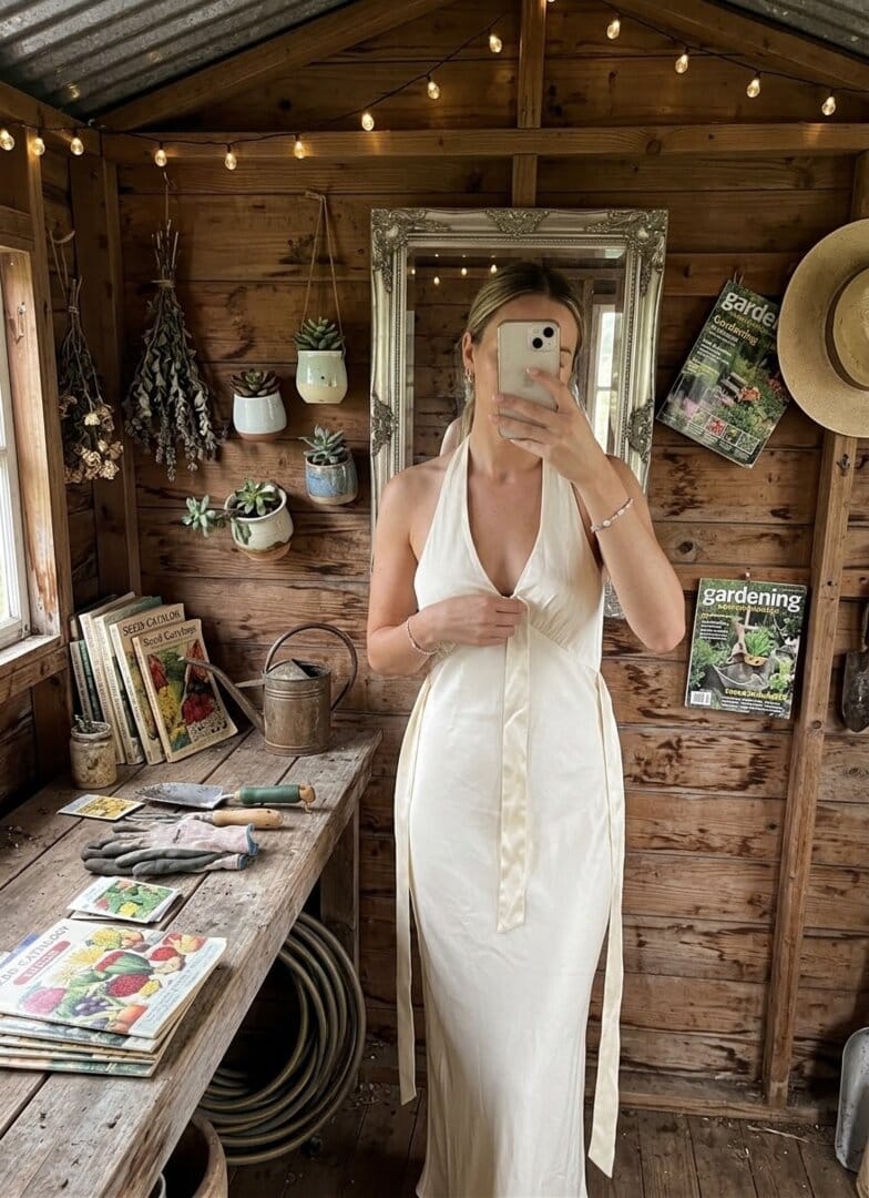 Customer photo review of Heavy Hearted Satin Maxi Dress - Pearl