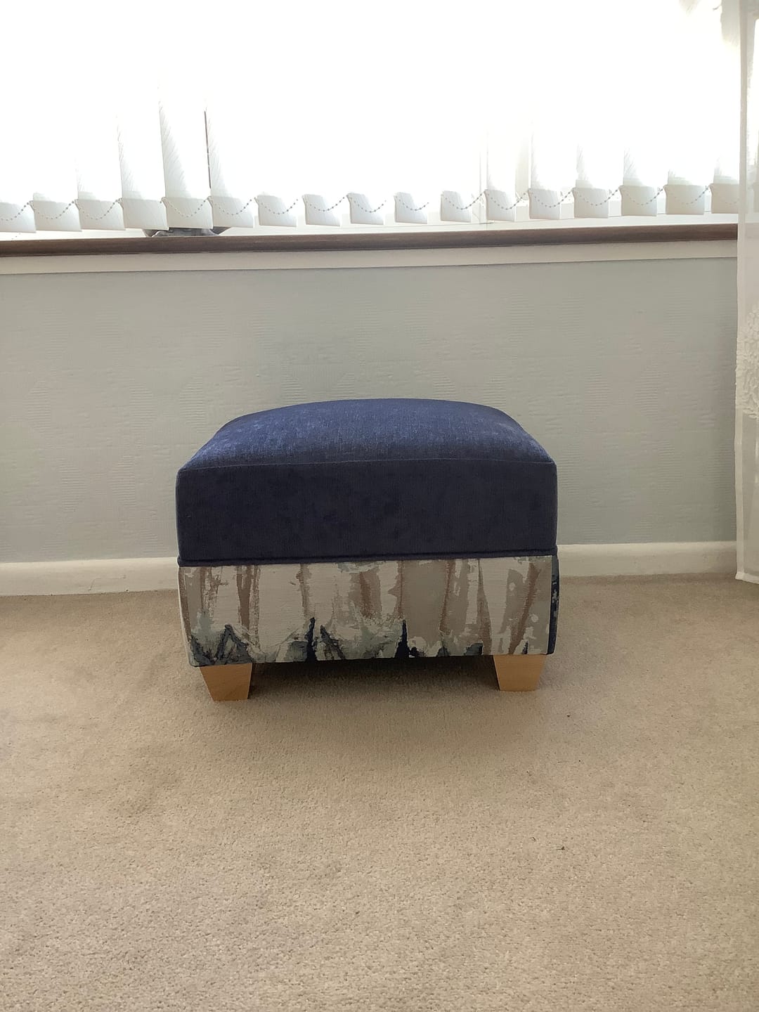 Customer photo review of Oxford footstool in Takara Indigo
