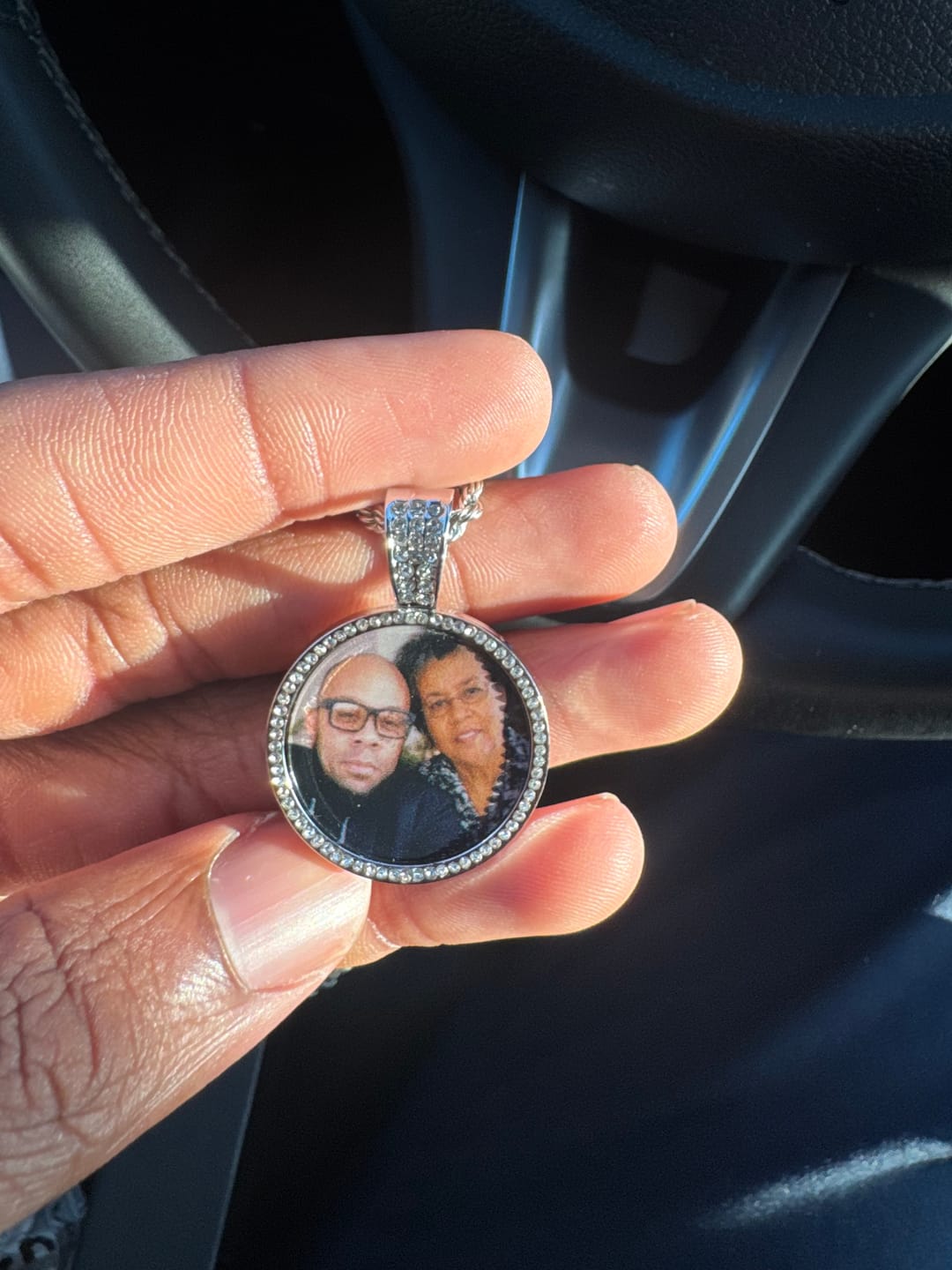 Customer photo review of Personalized Diamond Studded Round Colorful Photo Necklace