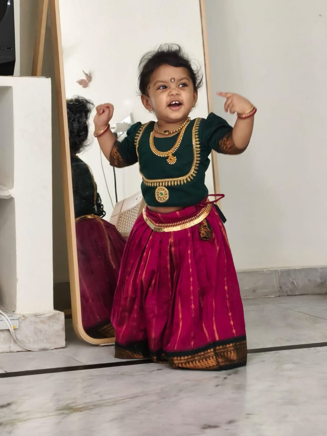 Customer photo review of Little Lakshmi Traditional pavadai pure cotton with zari weaving and hand embroidery langa blouse set for baby girl