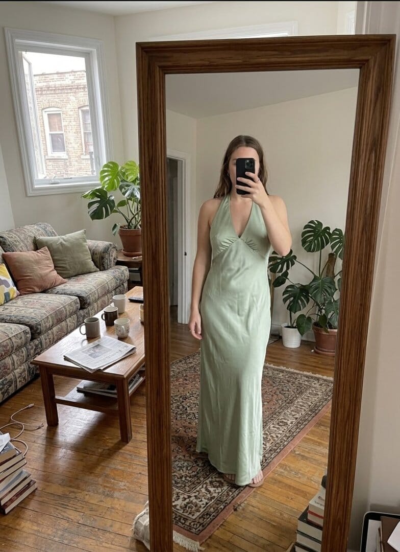Customer photo review of Heavy Hearted Satin Maxi Dress - Sage