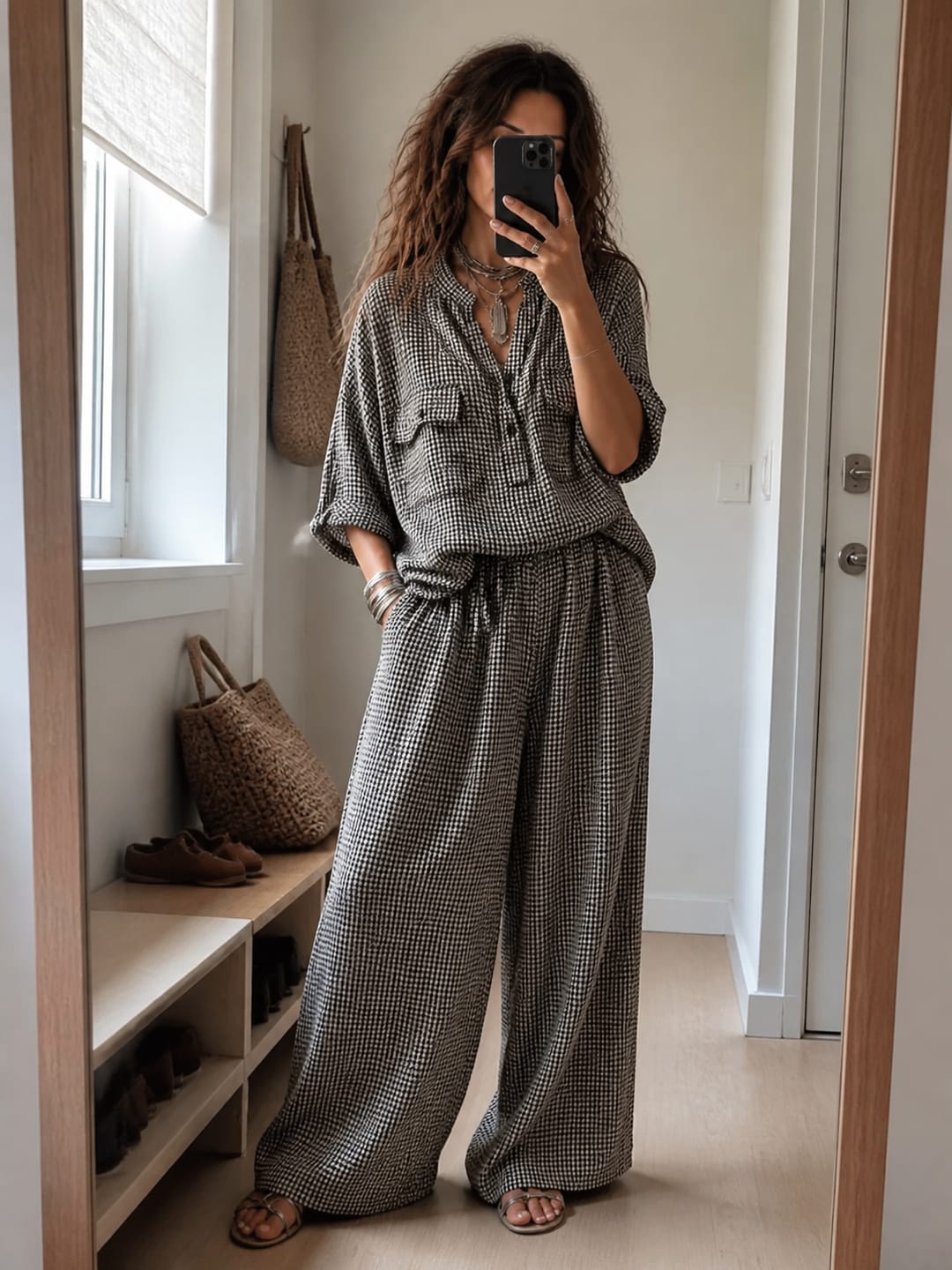 Customer photo review of Pockets Plaid Elasticity Contrast Color Wide Leg Loose Trousers Pants