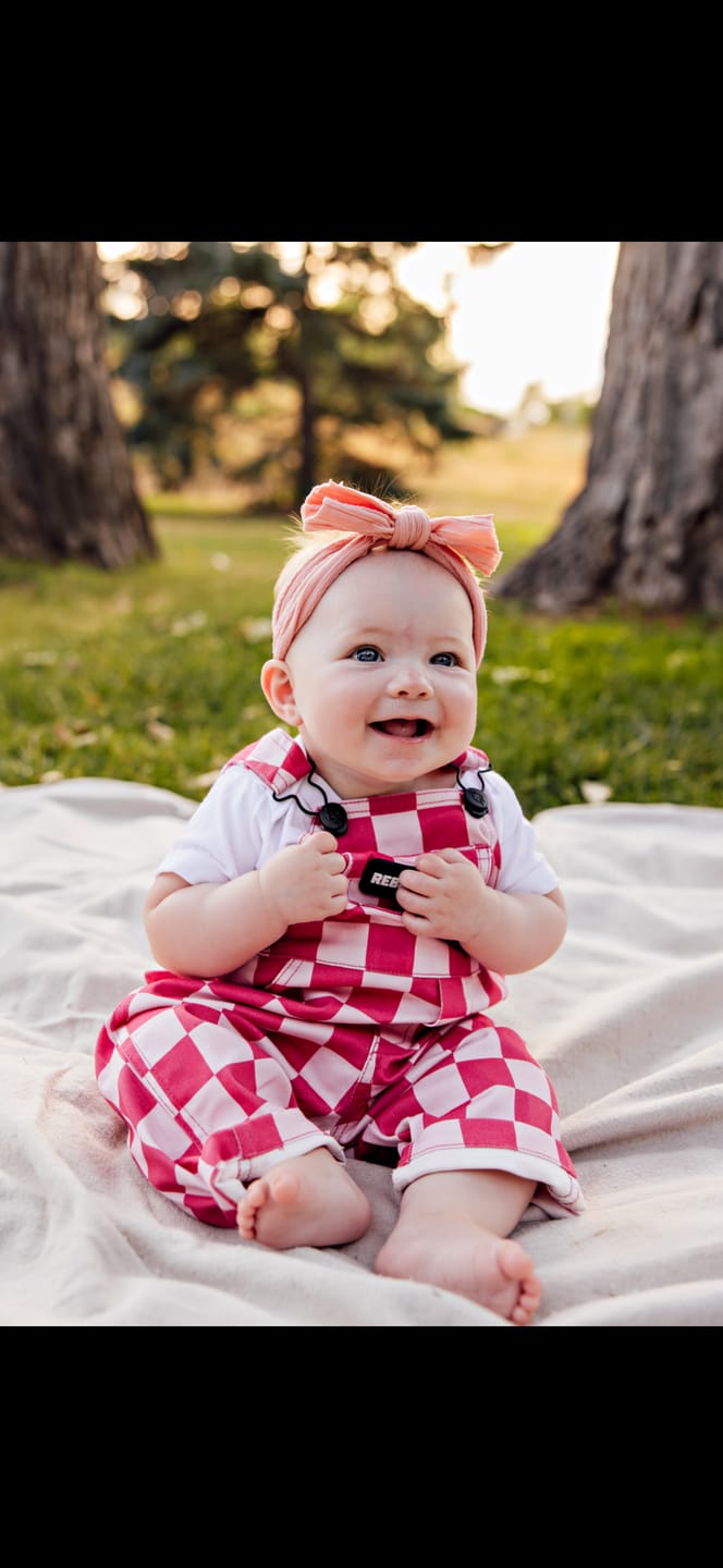Customer photo review of Overalls in Bubble Gum Checkered