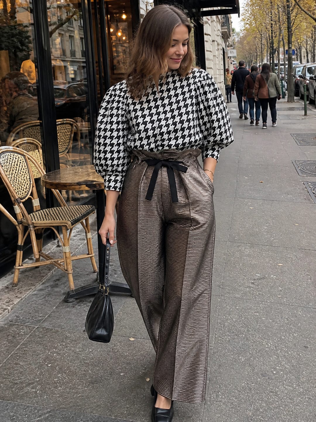 Customer photo review of Split-Joint Printed Houndstooth Contrast Color Puff Sleeves Loose Boat Neck Blouses&shirts Tops