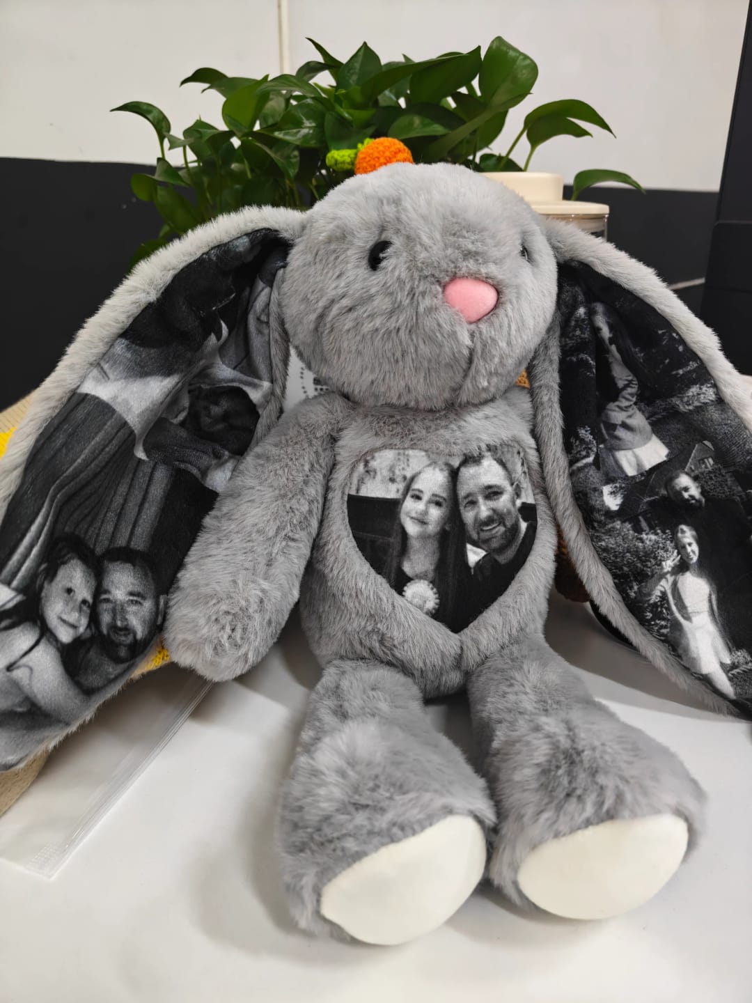 Customer photo review of Custom Heart Photo Bunny Plush – Personalized Hidden Ear Picture Bunny Custom Text Anniversary Gift for Couples