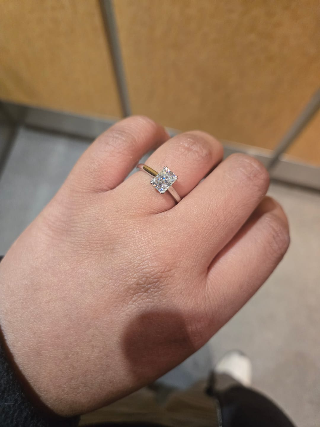 Customer photo review of Doveggs radiant solitaire moissanite engagement ring