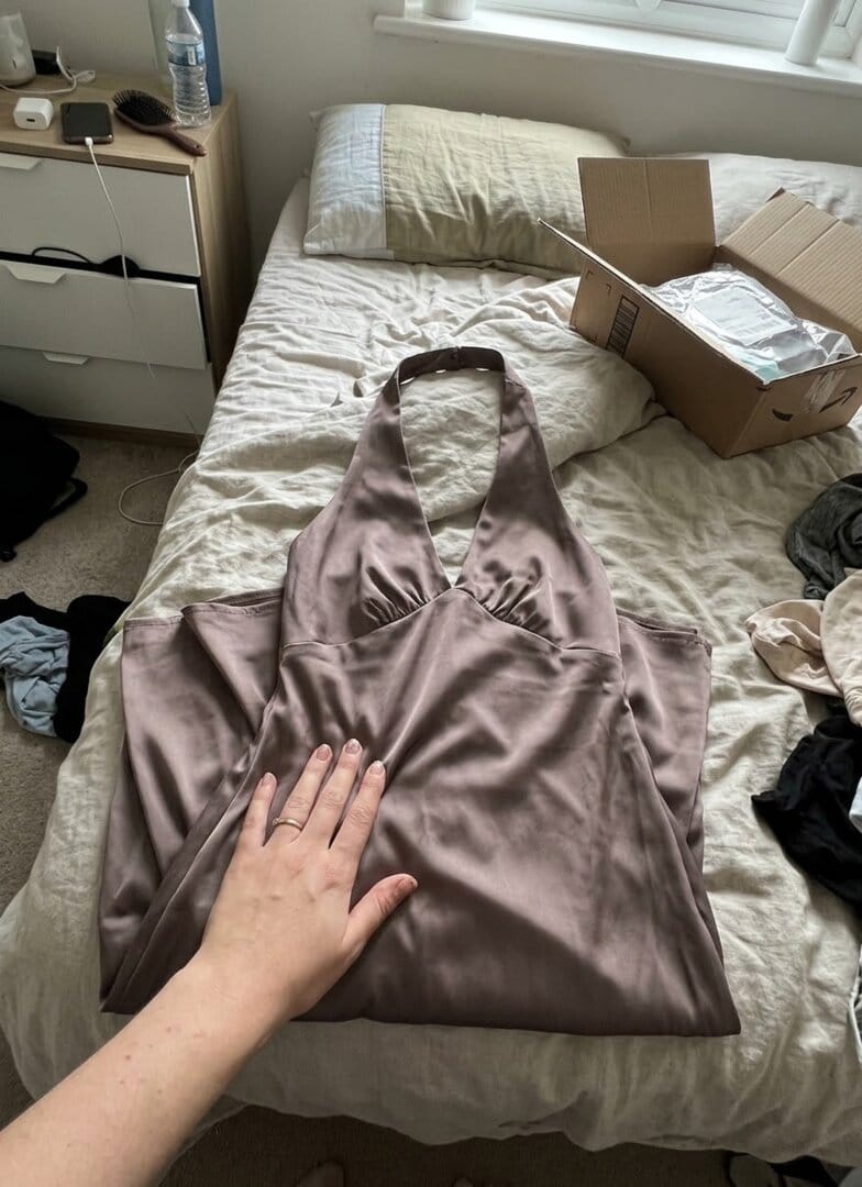 Customer photo review of Heavy Hearted Satin Maxi Dress - Steel Me Away