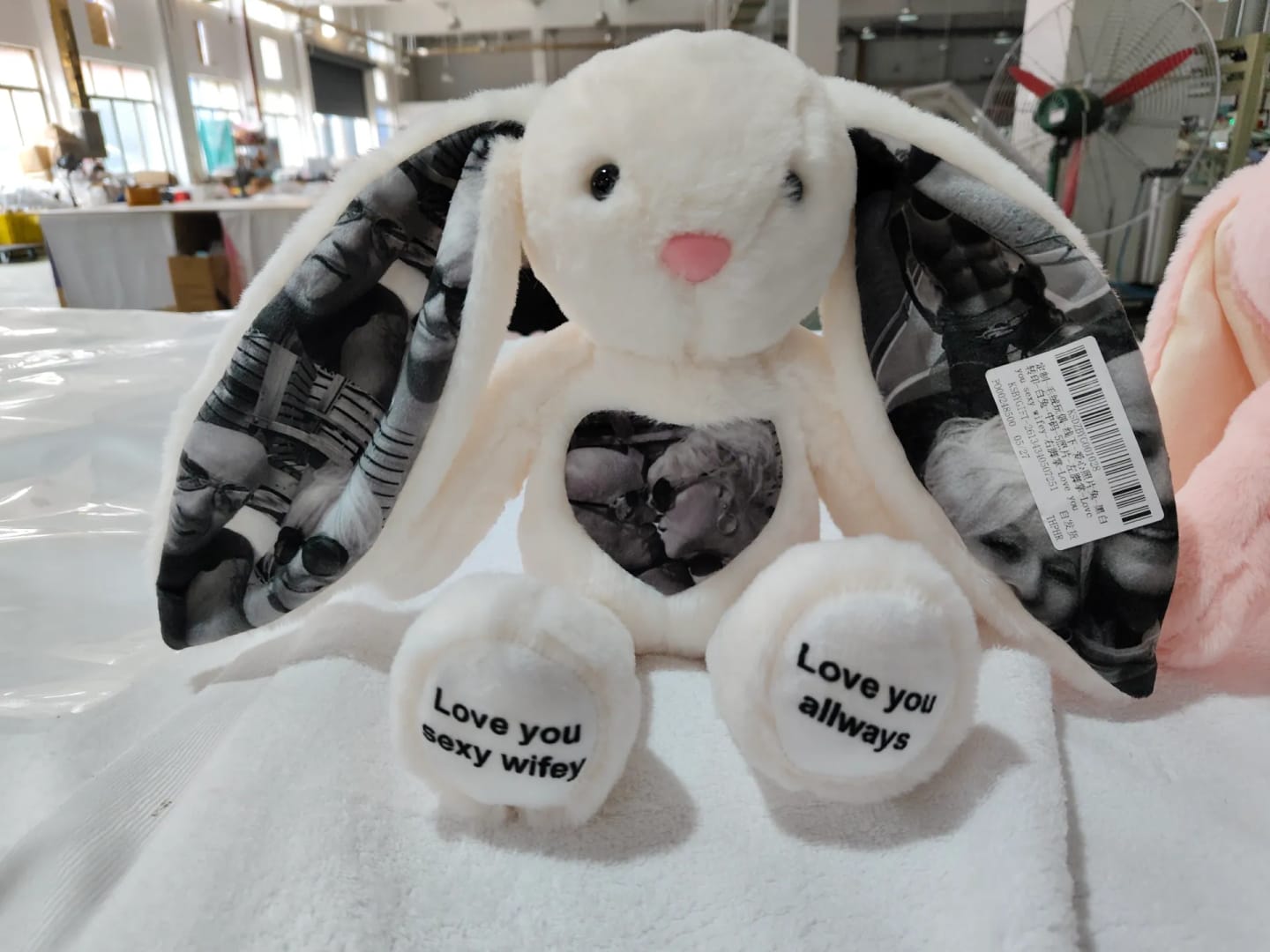 Customer photo review of Custom Heart Photo Bunny Plush – Personalized Hidden Ear Picture Bunny Custom Text Anniversary Gift for Couples