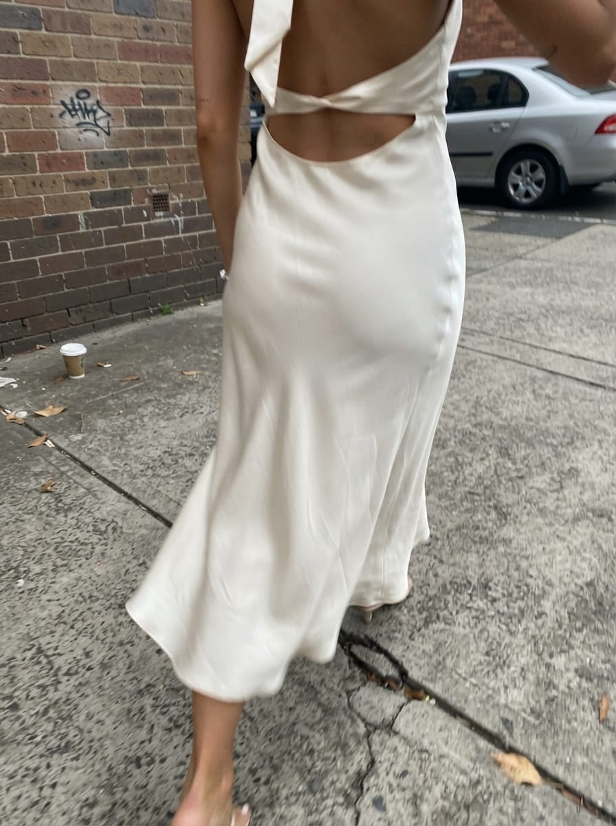 Customer photo review of Heavy Hearted Satin Maxi Dress - Pearl
