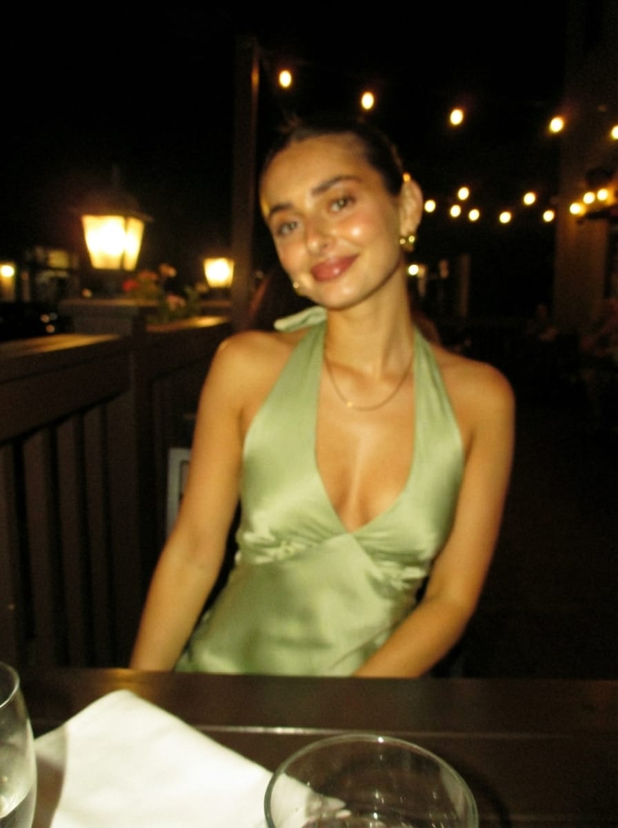 Customer photo review of Heavy Hearted Satin Maxi Dress - Sage