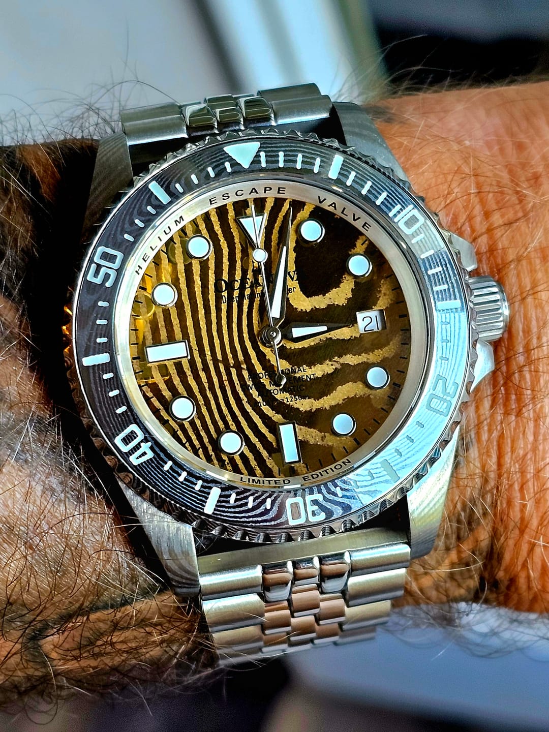 Customer photo review of Oceaneva Mens Deep Marine Explorer II Yellow Gold Gold Damascus Steel Dial Watch Rubber