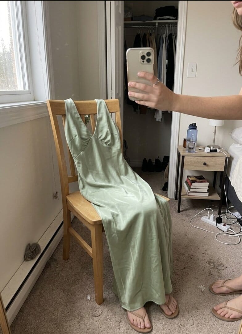 Customer photo review of Heavy Hearted Satin Maxi Dress - Sage