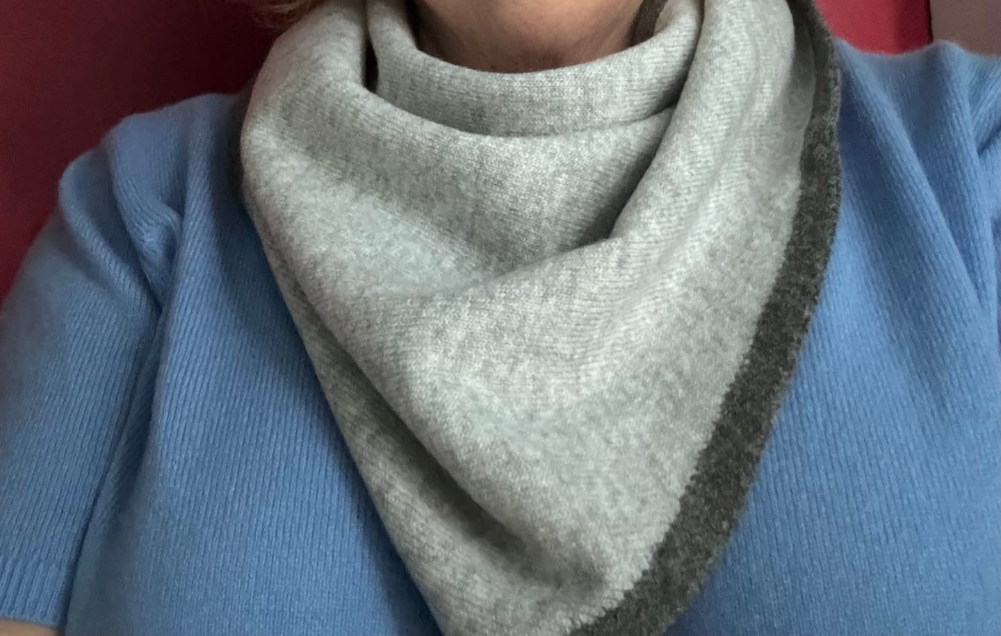 Customer photo review of Brand New Mist and Thunder Grey Recycled Cashmere Triangle Scarf