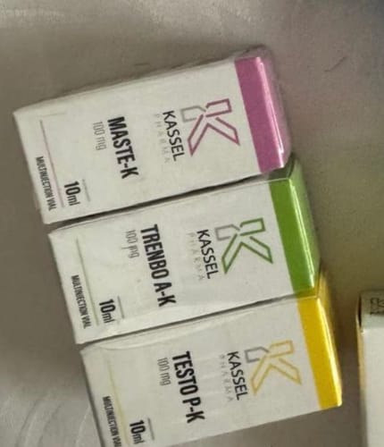 Customer's Testo P-K Kassel Pharma boxes in a stack with Maste-K and Trenbo A-K vials.