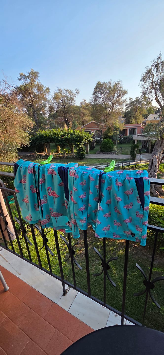 Customer photo review of Flamingos - Blue Kids Swim Shorts