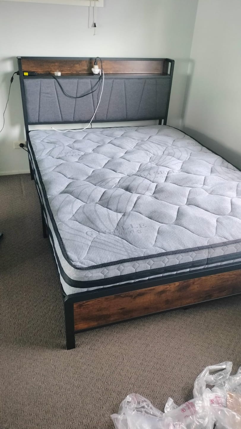 Customer photo review of Bed Frame Industrial Tufted Noise Free Headboard USB Charge