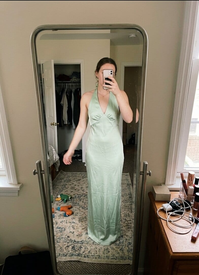 Customer photo review of Heavy Hearted Satin Maxi Dress - Sage