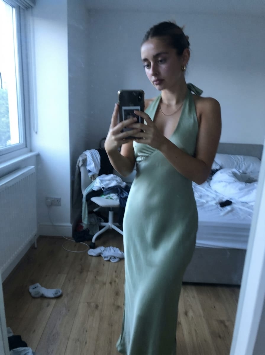 Customer photo review of Heavy Hearted Satin Maxi Dress - Sage