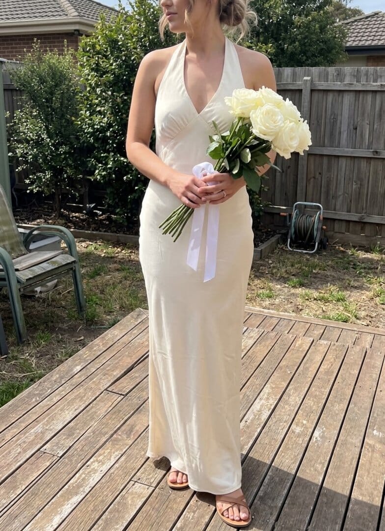 Customer photo review of Heavy Hearted Satin Maxi Dress - Pearl