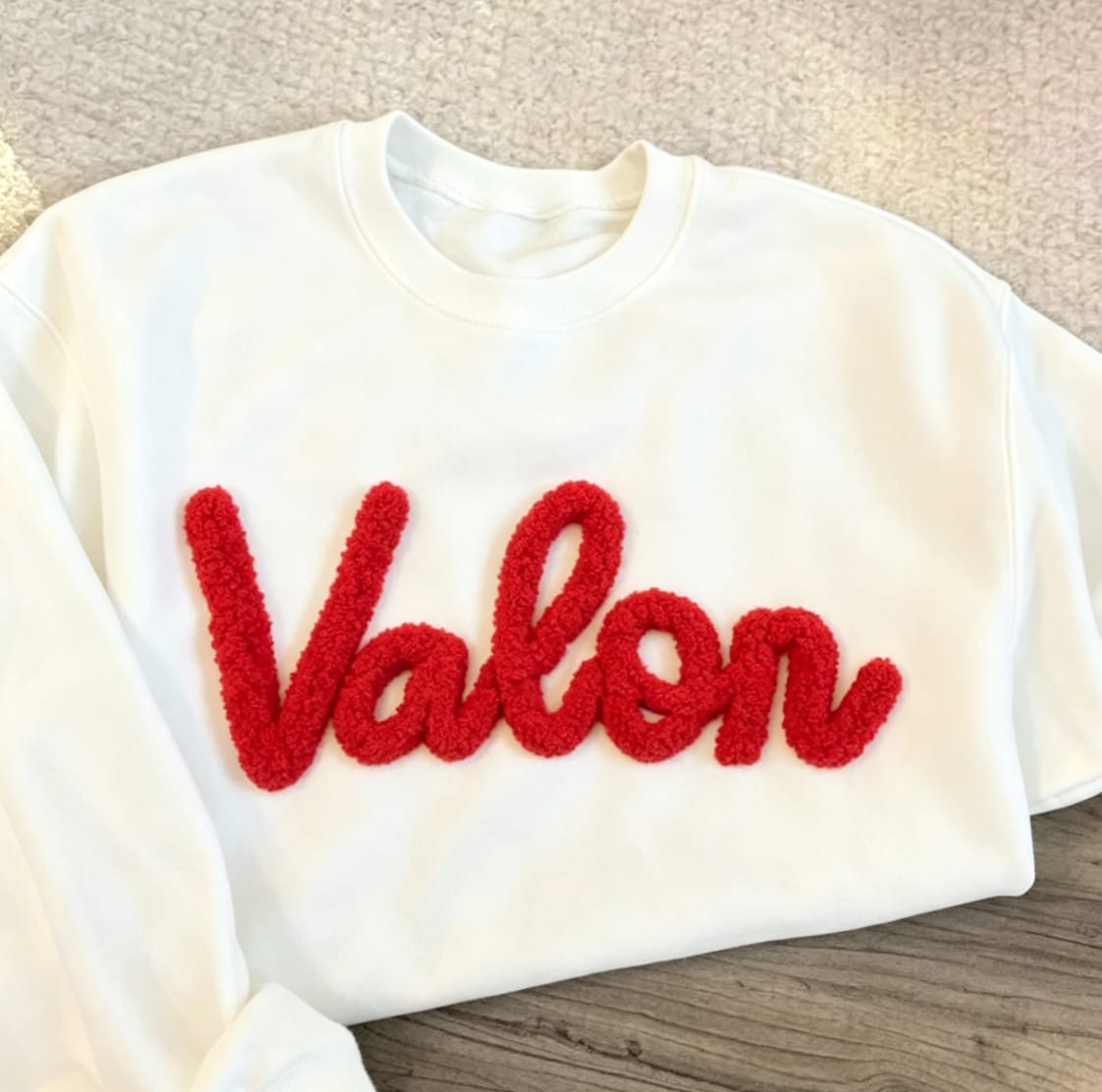 Customer photo review of Custom College Chenille Team Name Embroidered Sweatshirt | Gifts for Sports Mom