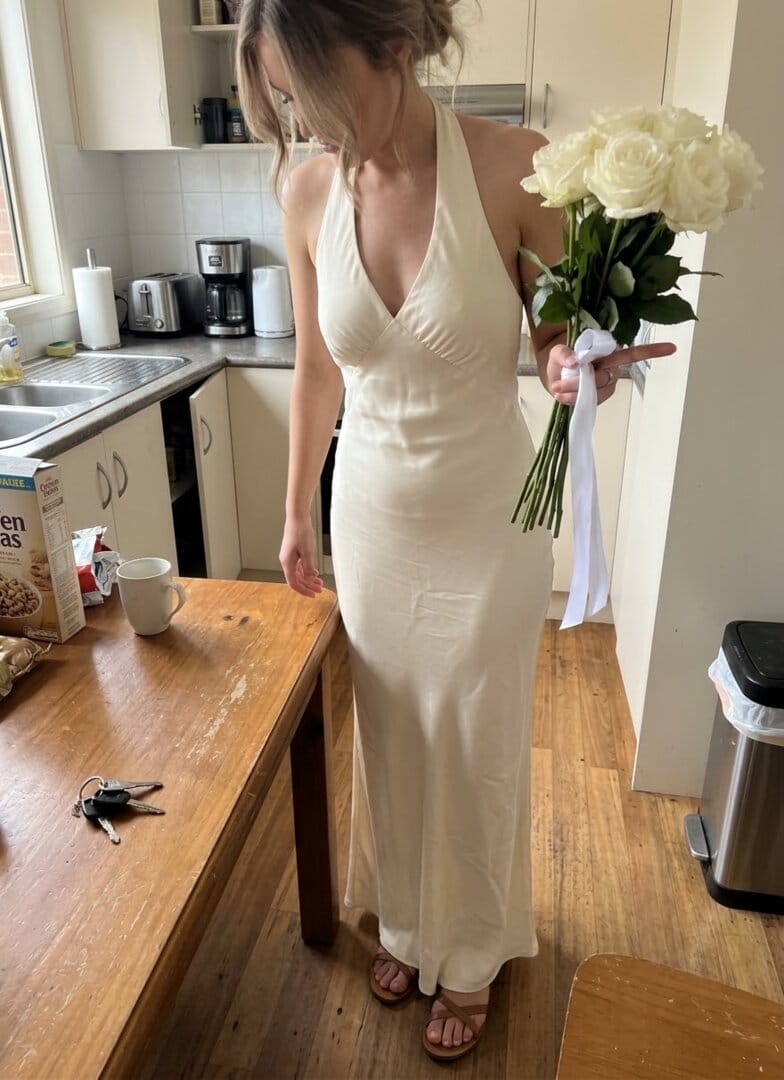 Customer photo review of Heavy Hearted Satin Maxi Dress - Pearl