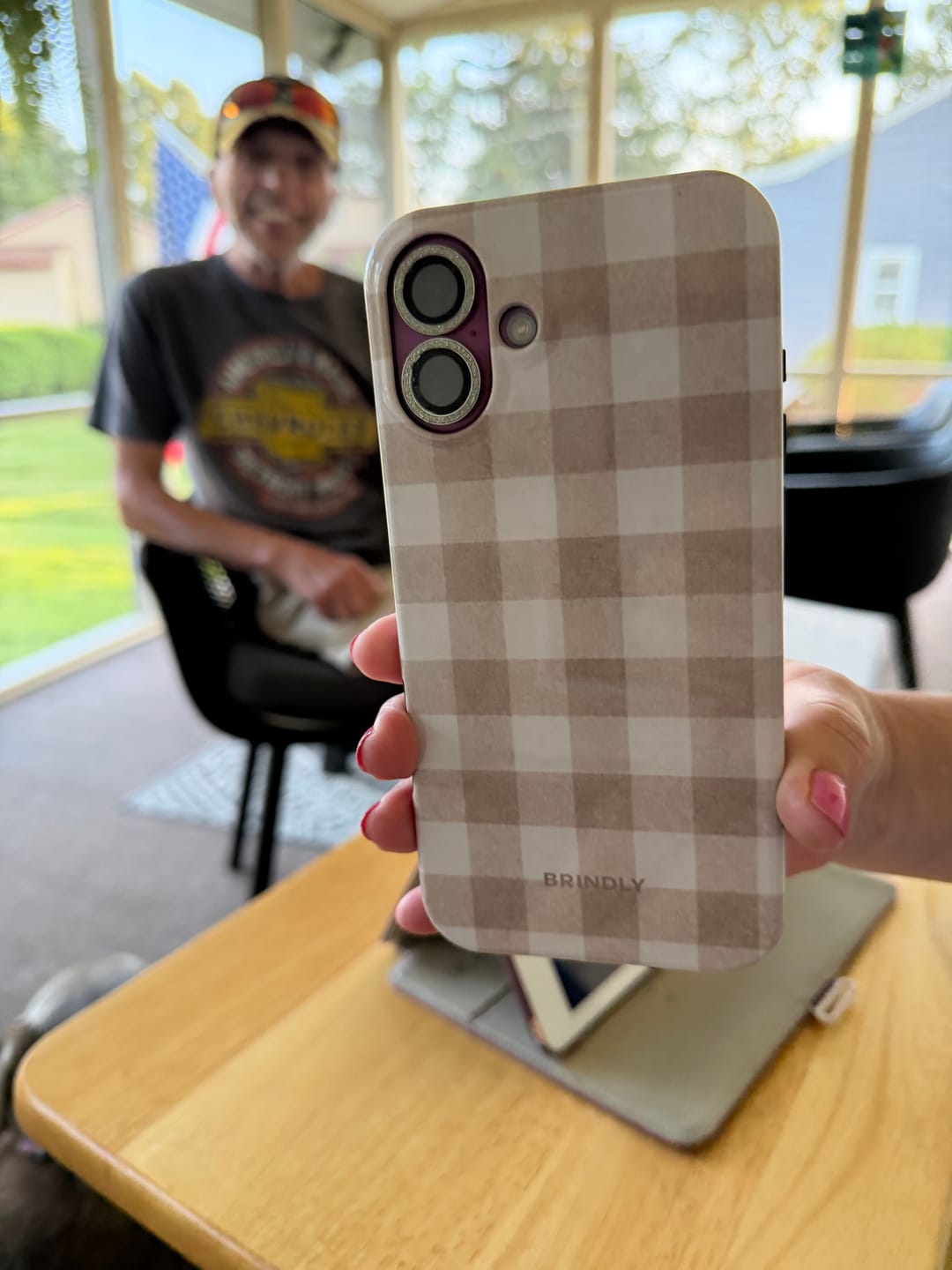 Customer photo review of Oatmeal Check - Tough Phone Case
