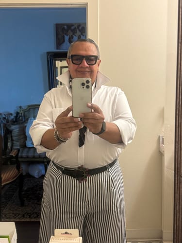 Customer photo review of Men's Japanese Vintage Vertical Stripe High Waist Wide Leg Pant SKUL68470