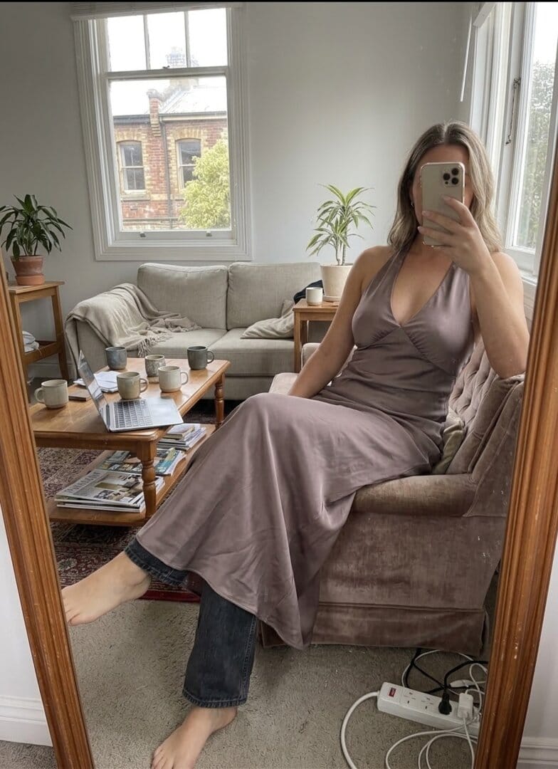 Customer photo review of Heavy Hearted Satin Maxi Dress - Steel Me Away