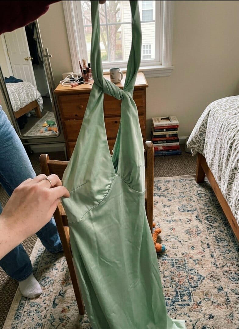 Customer photo review of Heavy Hearted Satin Maxi Dress - Sage
