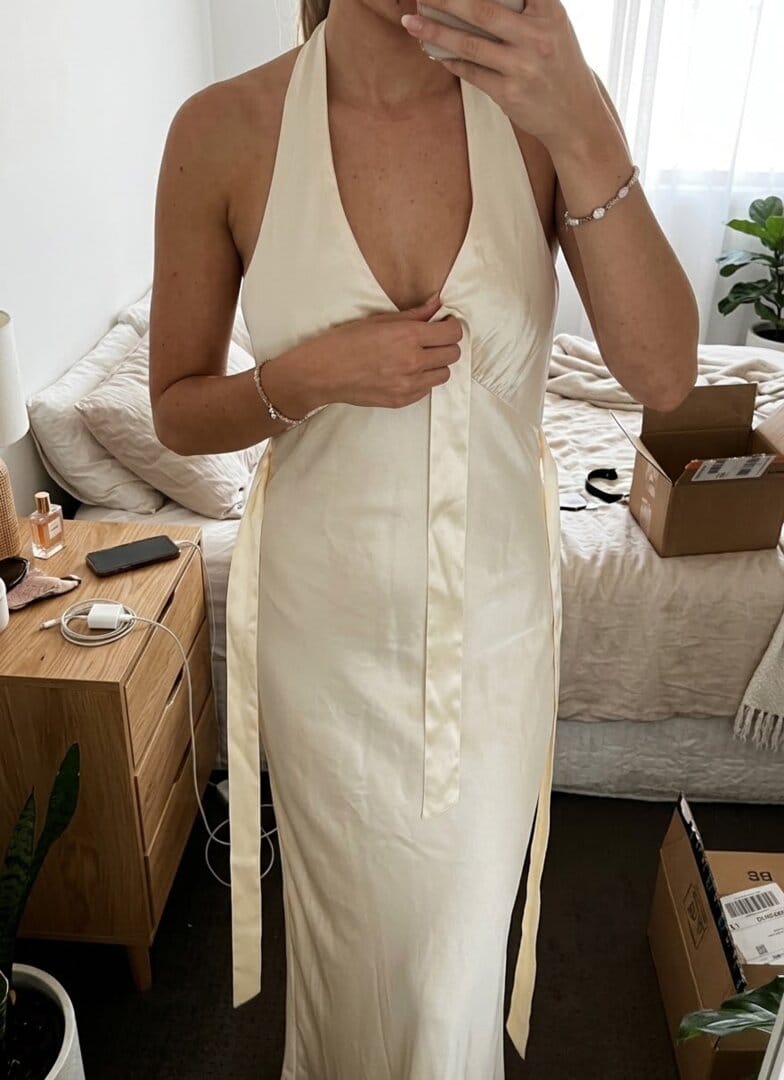 Customer photo review of Heavy Hearted Satin Maxi Dress - Pearl