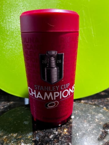 Customer's red Carolina Hurricanes Stanley Cup Champions Frost Buddy can cooler on a kitchen counter.