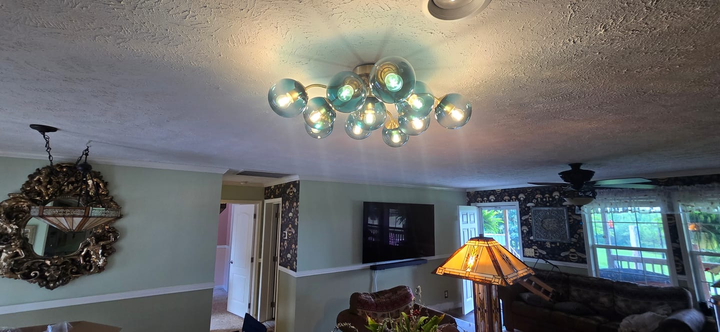 Customer photo review of Bloom Brass Blue Glass Bubble Semi Flush Chandelier