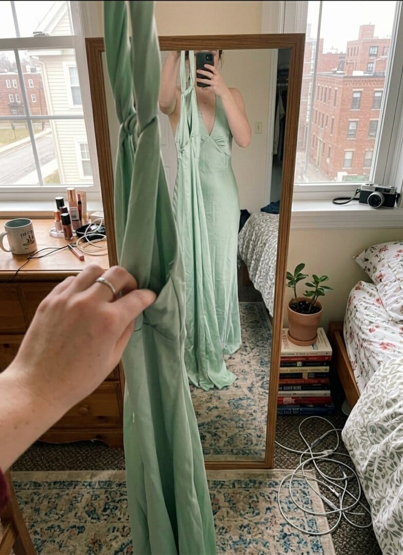 Customer photo review of Heavy Hearted Satin Maxi Dress - Sage