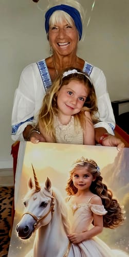 Customer's Sunset Unicorn Princess portrait held by a person, showing a girl sitting on a white unicorn.