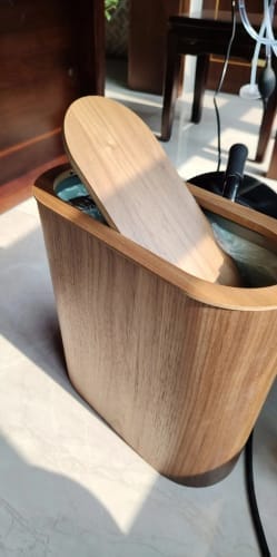 Customer photo review of Wooden Trash Can – Solid Wood Nordic Paper Basket with Lid