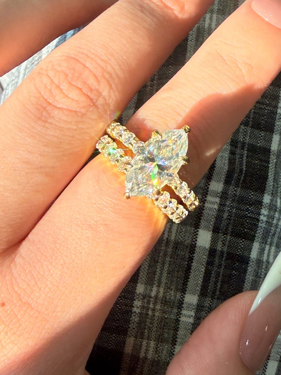 Customer photo review of Moissanite 3.0Ct Marquise Cut Yellow Gold Wedding Ring with Oval Cut Wedding Ring