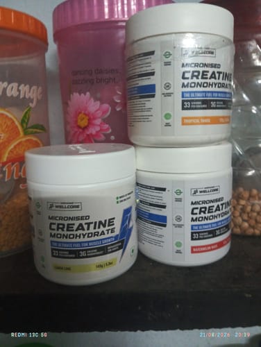 Customer's Wellcore Creatine Monohydrate tubs on a shelf among other household items
